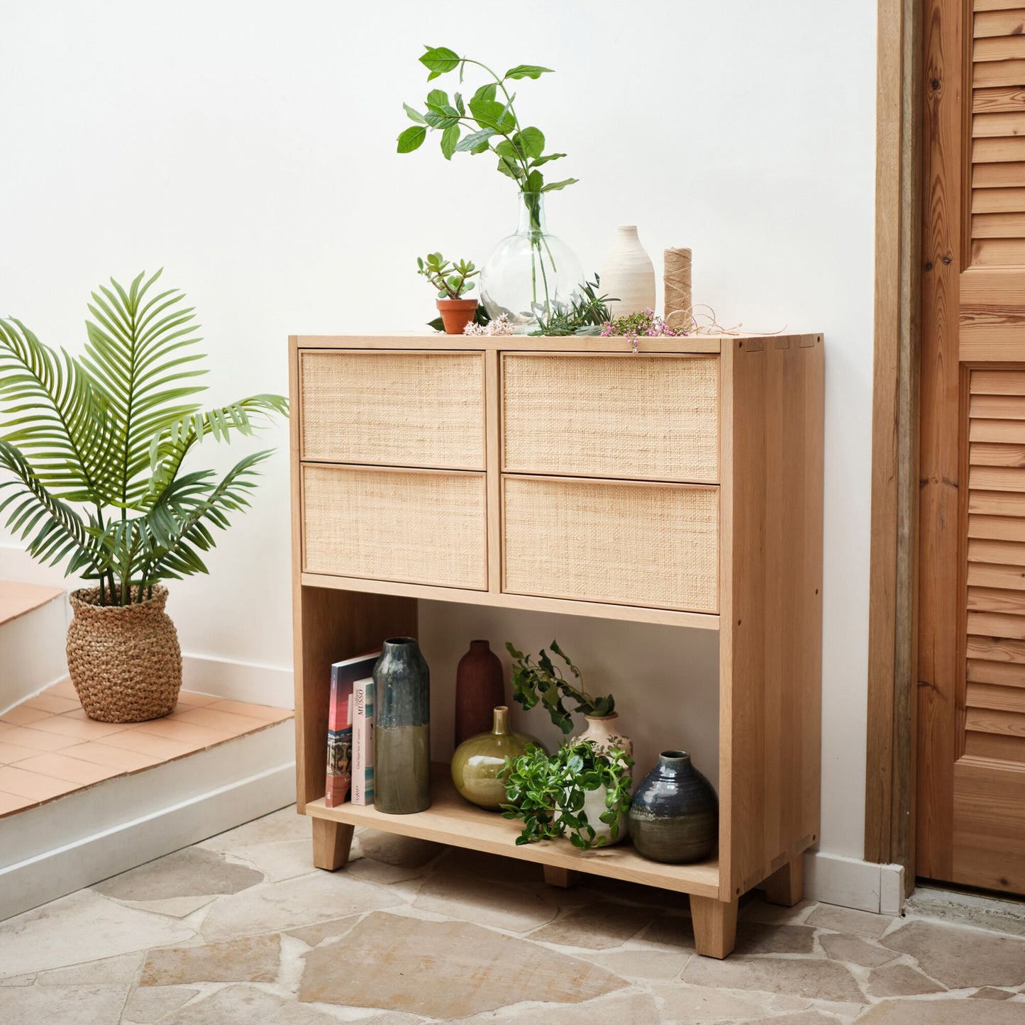 TASSIA - Bloc de 2 tiroirs en chêne et raphia L40cm - bois clair