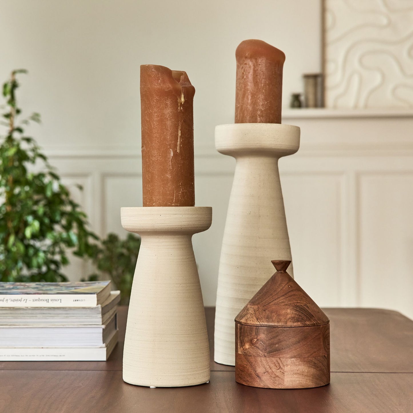 ZELIE - Bougeoir en grès D11,5xH22cm - beige