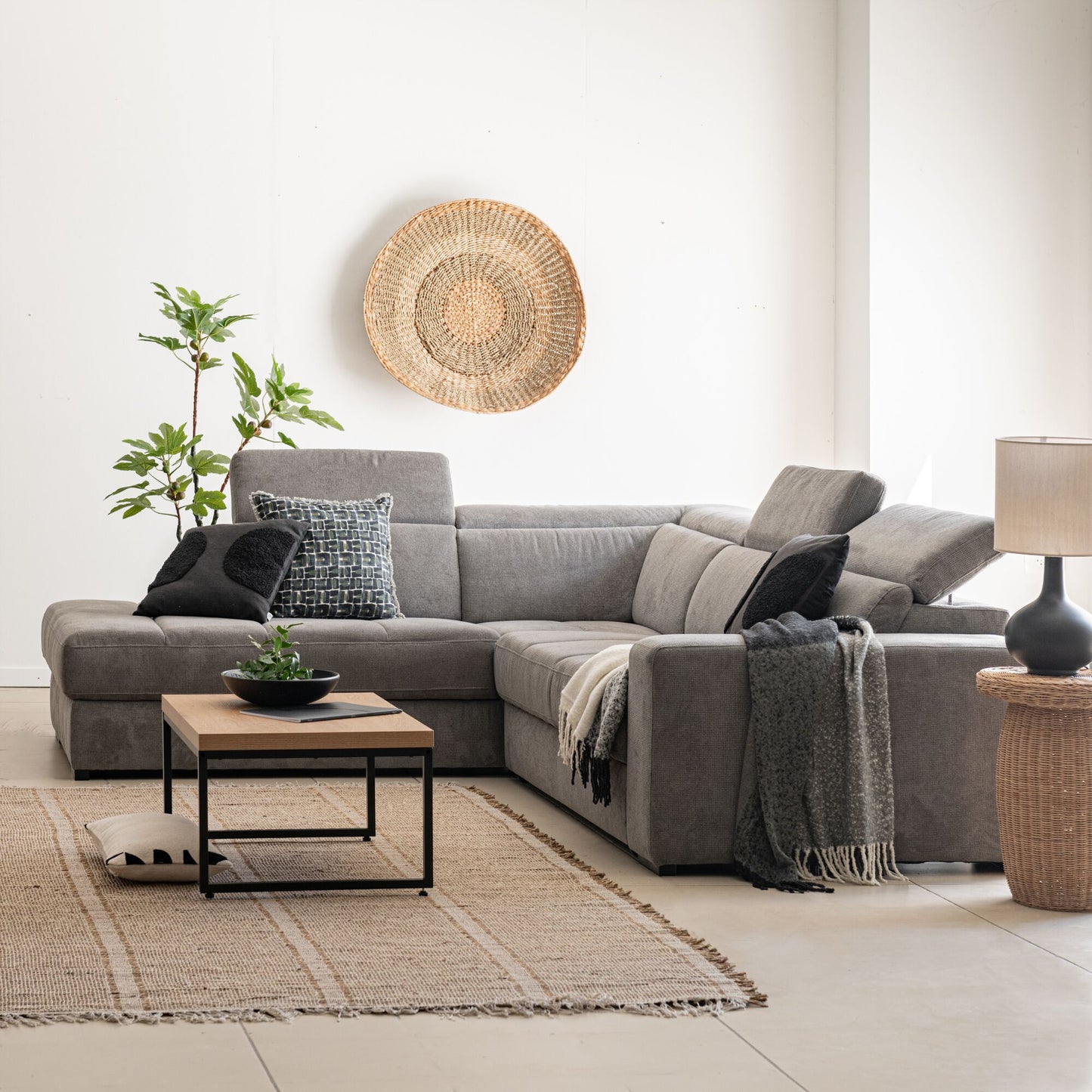 ORIGANO - Canapé d'angle gauche convertible avec coffre en tissu doux - gris