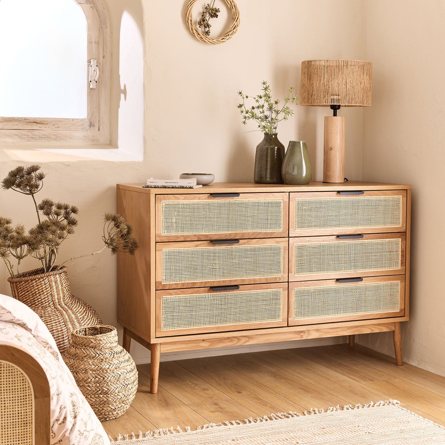 CALLISTA - Commode 6 tiroirs en bois et cannage - bois clair