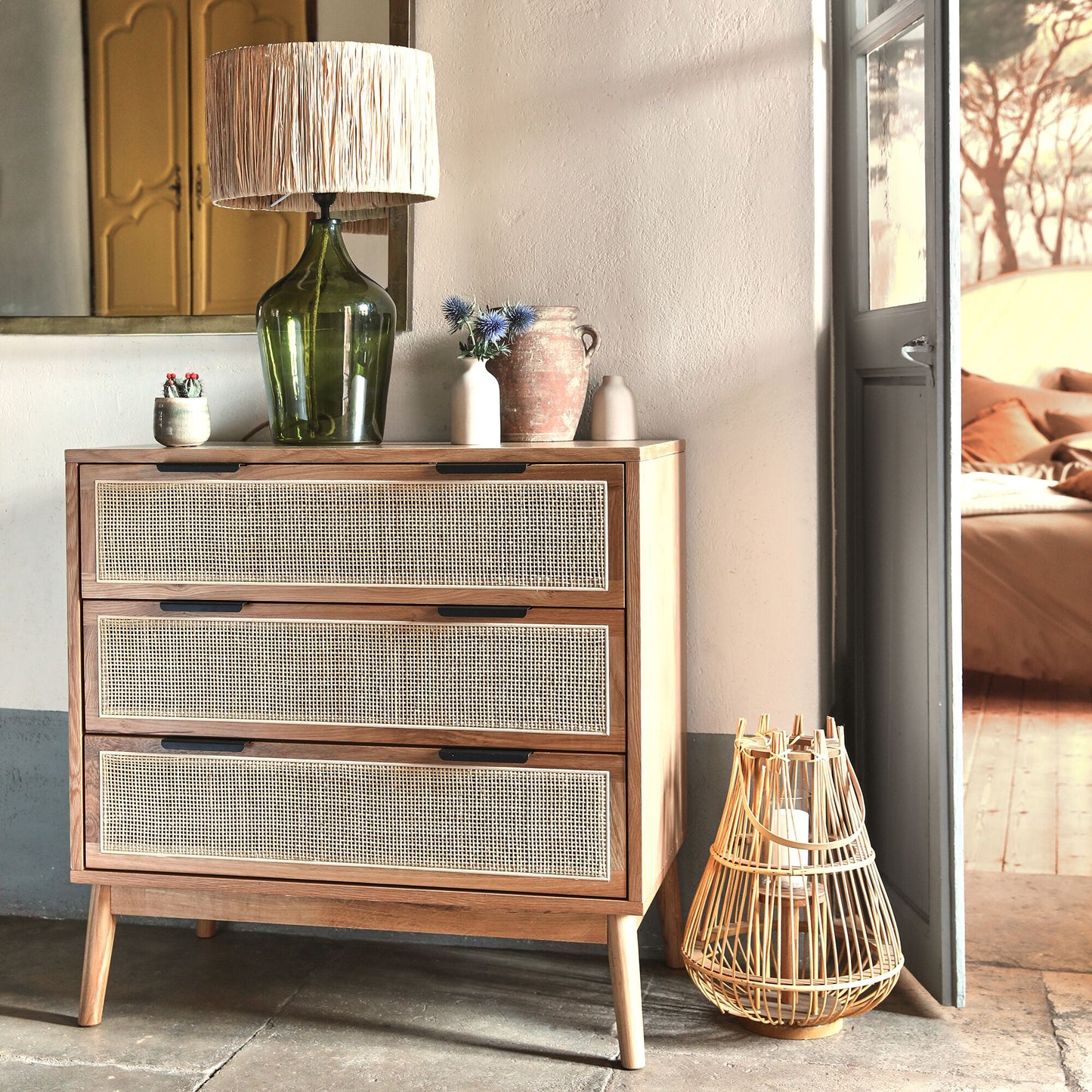 CALLISTA - Commode 3 tiroirs en bois et cannage - bois clair
