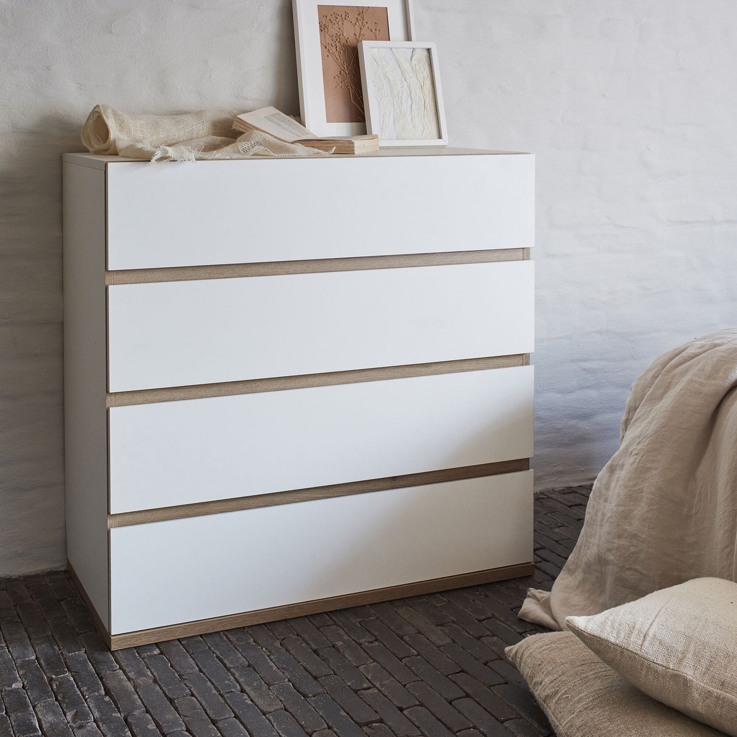 NESTOR - Commode module 4 tiroirs en bois effet chêne H94XL94cm - blanc
