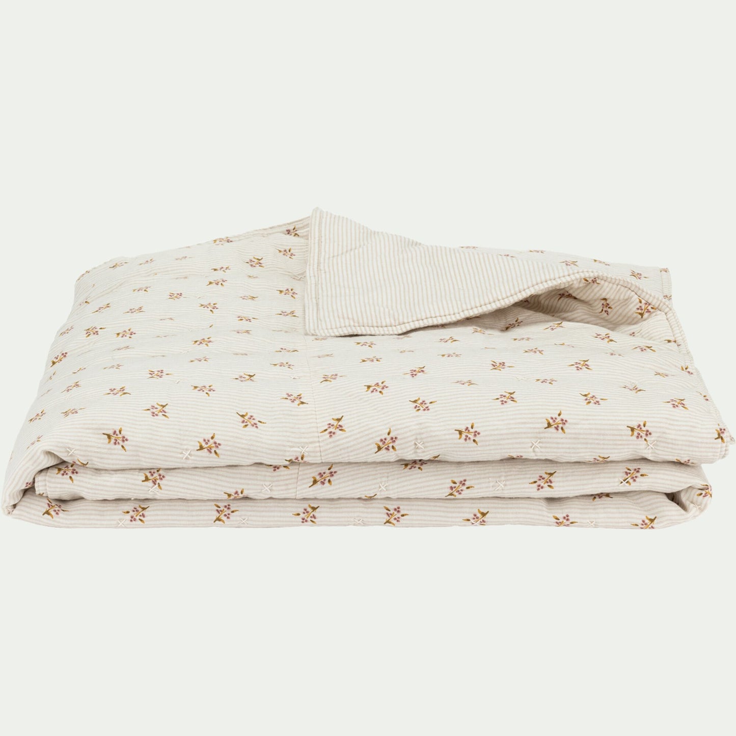 MOUCHOIR - Couvre-lit en lin et coton 220x240cm motif rayé et floral - blanc