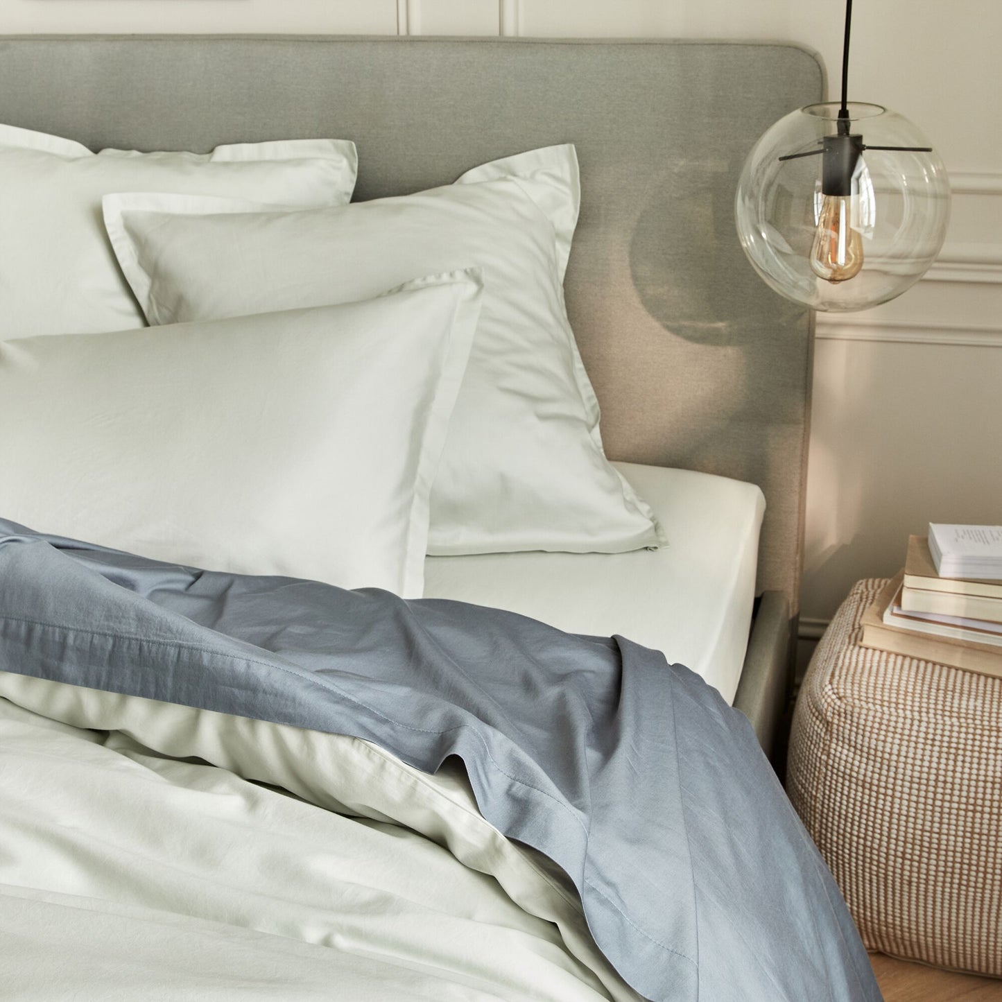 SATINE - Drap plat en satin lavé 270x300cm - bleu orage