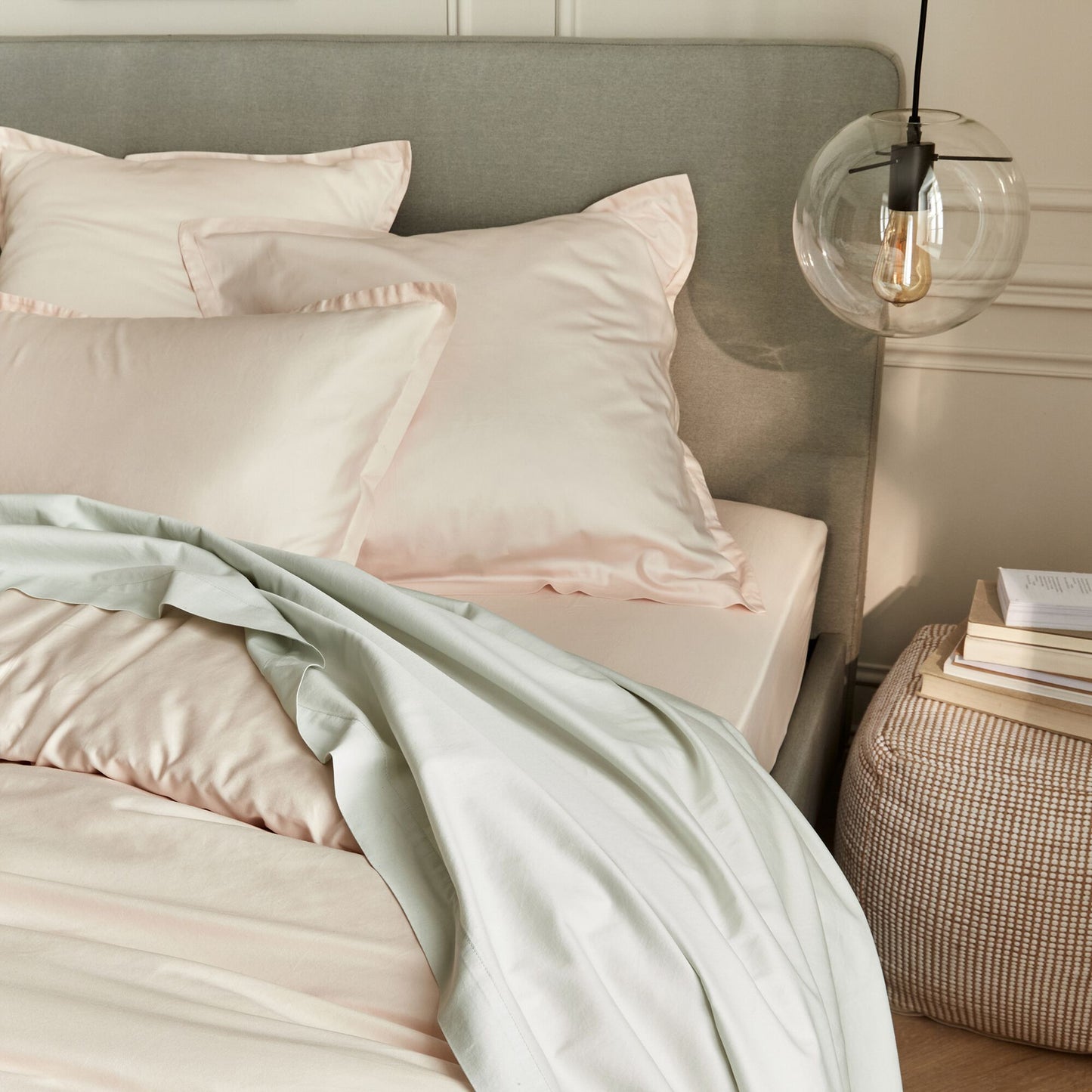 SATINE - Drap plat en satin lavé 270x300cm - vert opaline