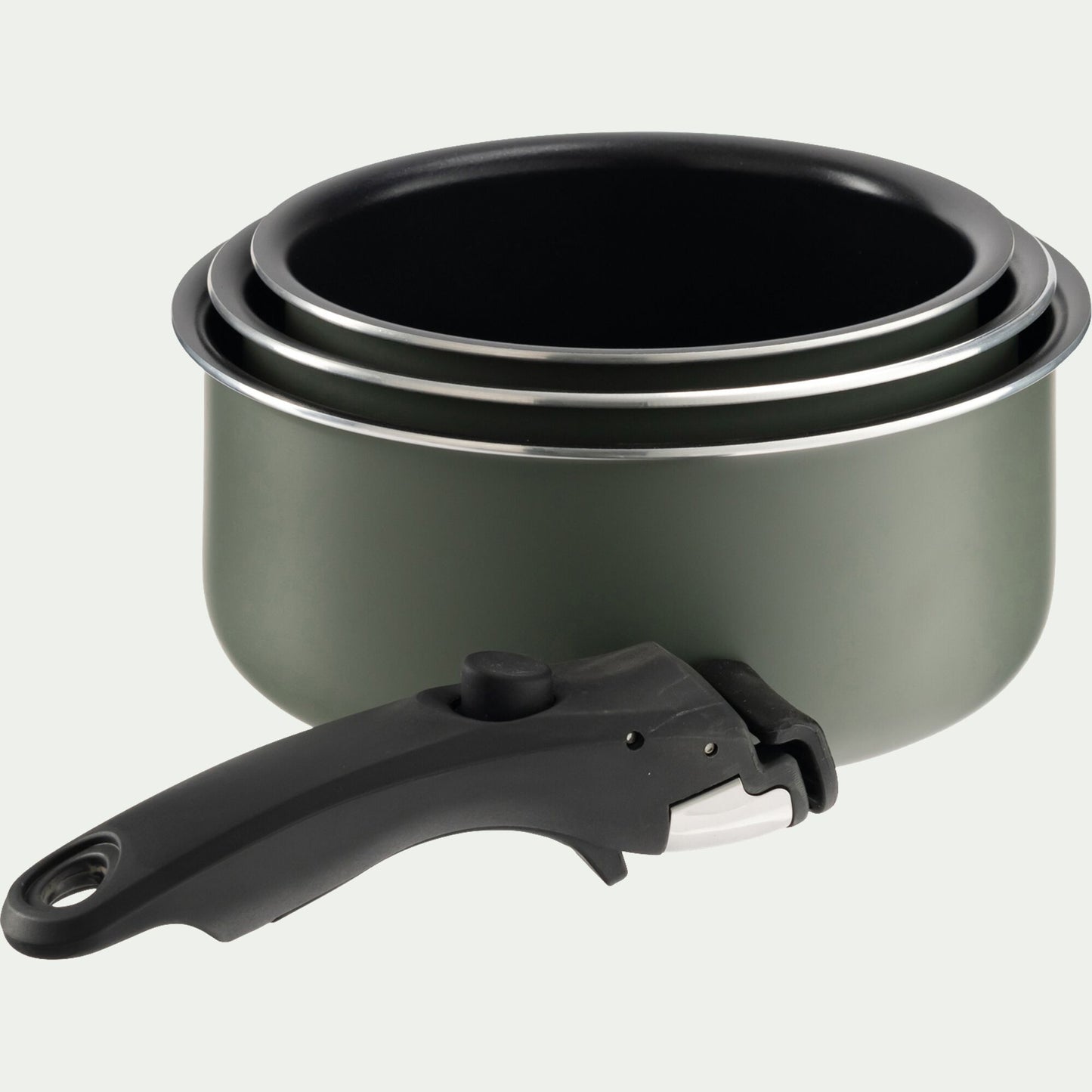 BAGUIE - Lot de 3 casseroles en aluminium avec manche amovible - vert cèdre