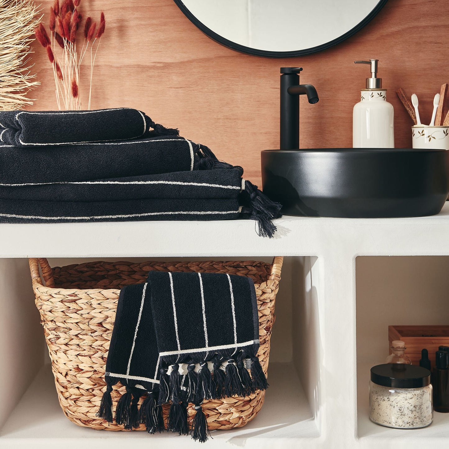PISELLI - Linge de toilette rayé en coton - noir