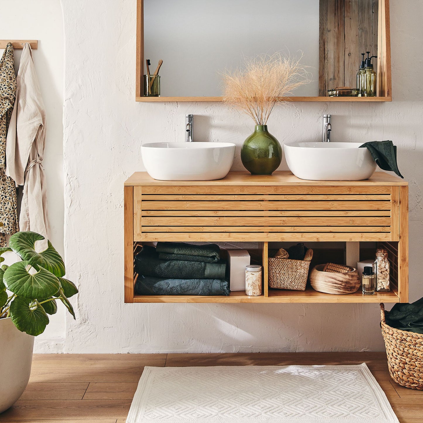DANONG - Meuble double sous vasque murale en bambou - L120cm