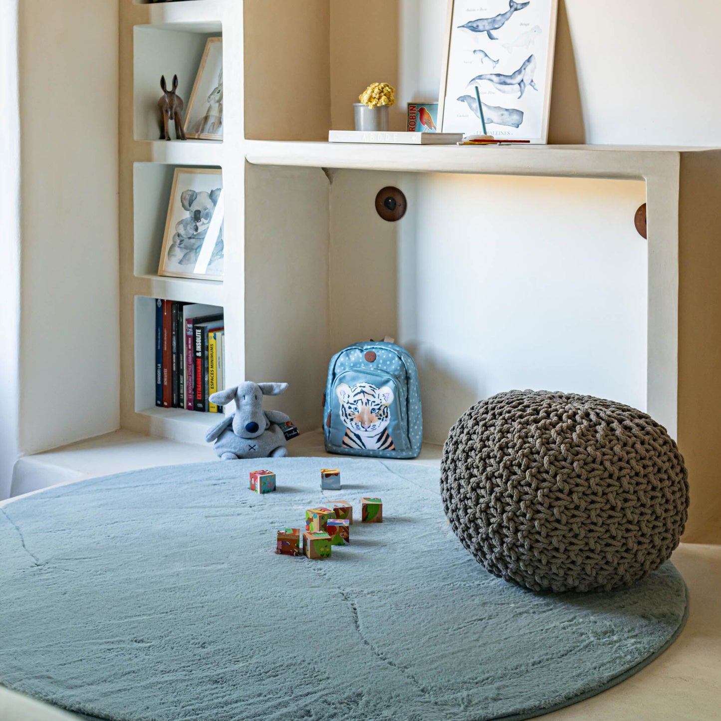 ROBIN - Tapis rond imitation fourrure - bleu calaluna D150cm