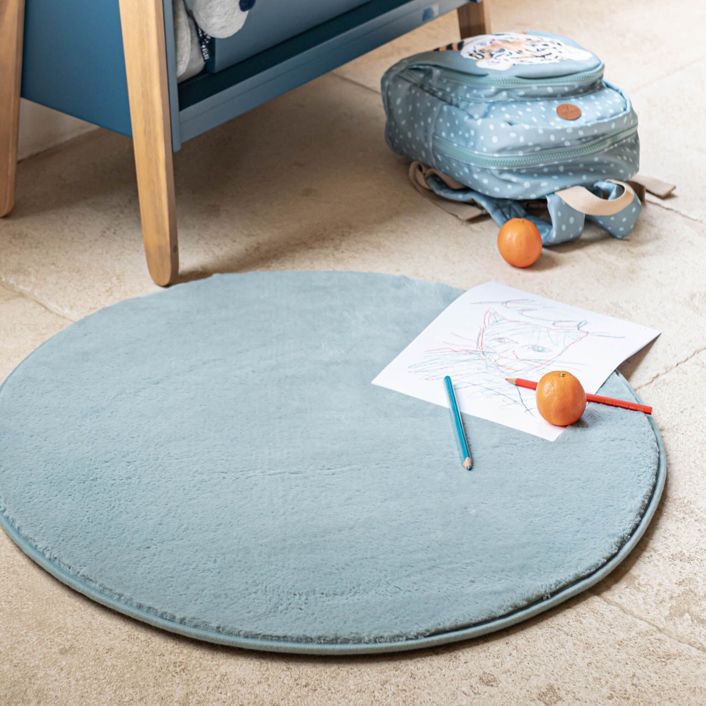 ROBIN - Tapis rond imitation fourrure - bleu calaluna D70cm
