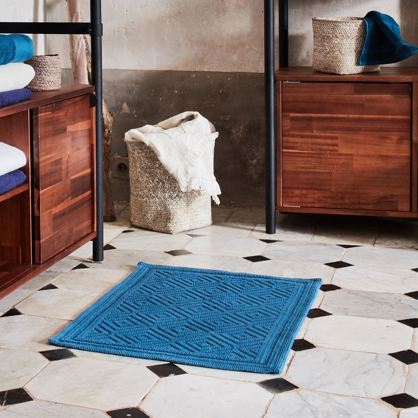 SADOU - Tapis de bain surpiquage losanges en coton - bleu figuerolles 50x70cm