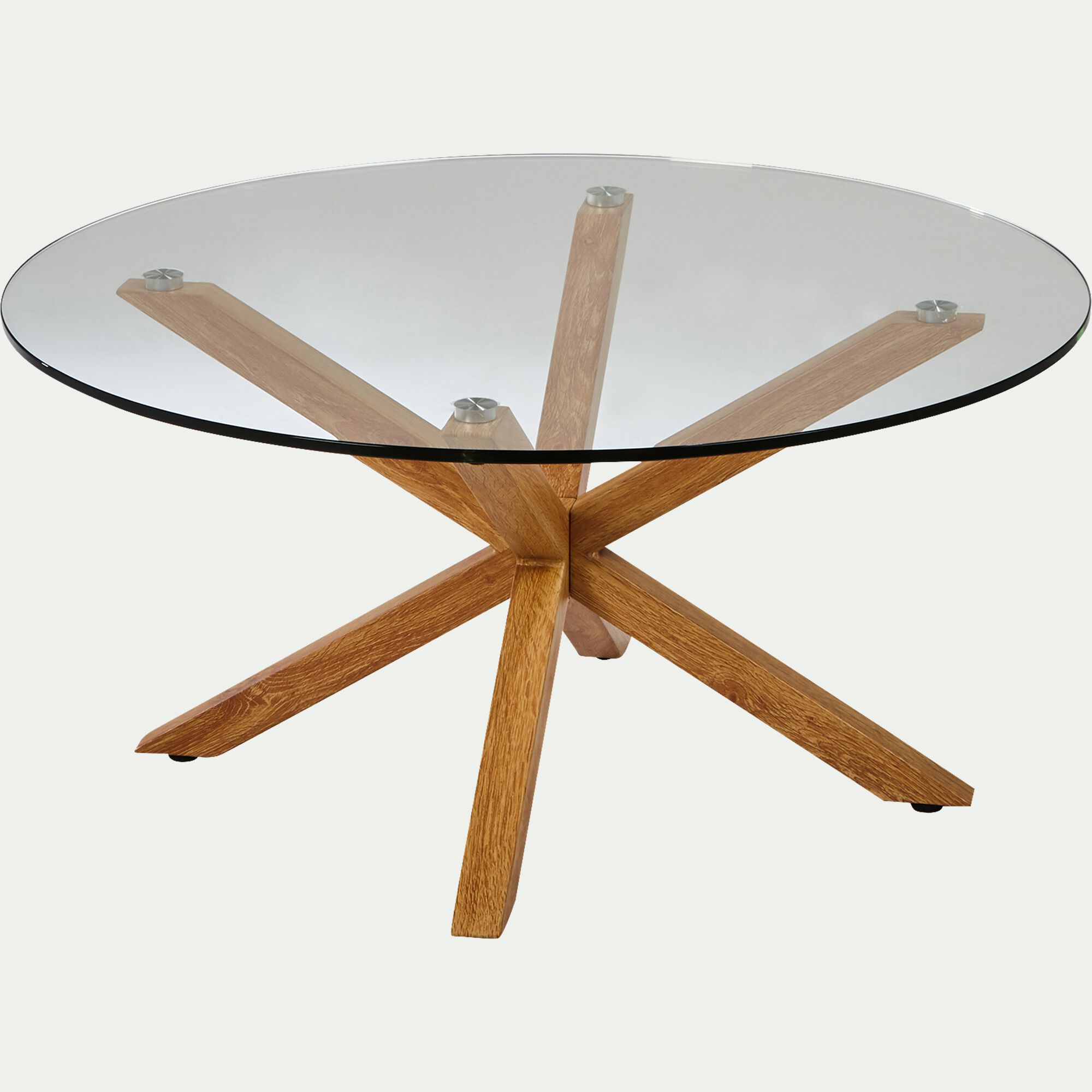 ARENO - Table basse ronde en verre et piétement métal effet bois - transparent