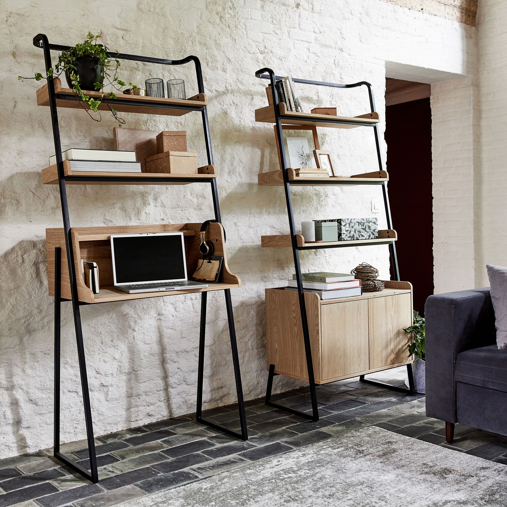 ESTANIER - Bureau plaqué frêne et métal noir avec 2 tablettes L80cm - bois clair
