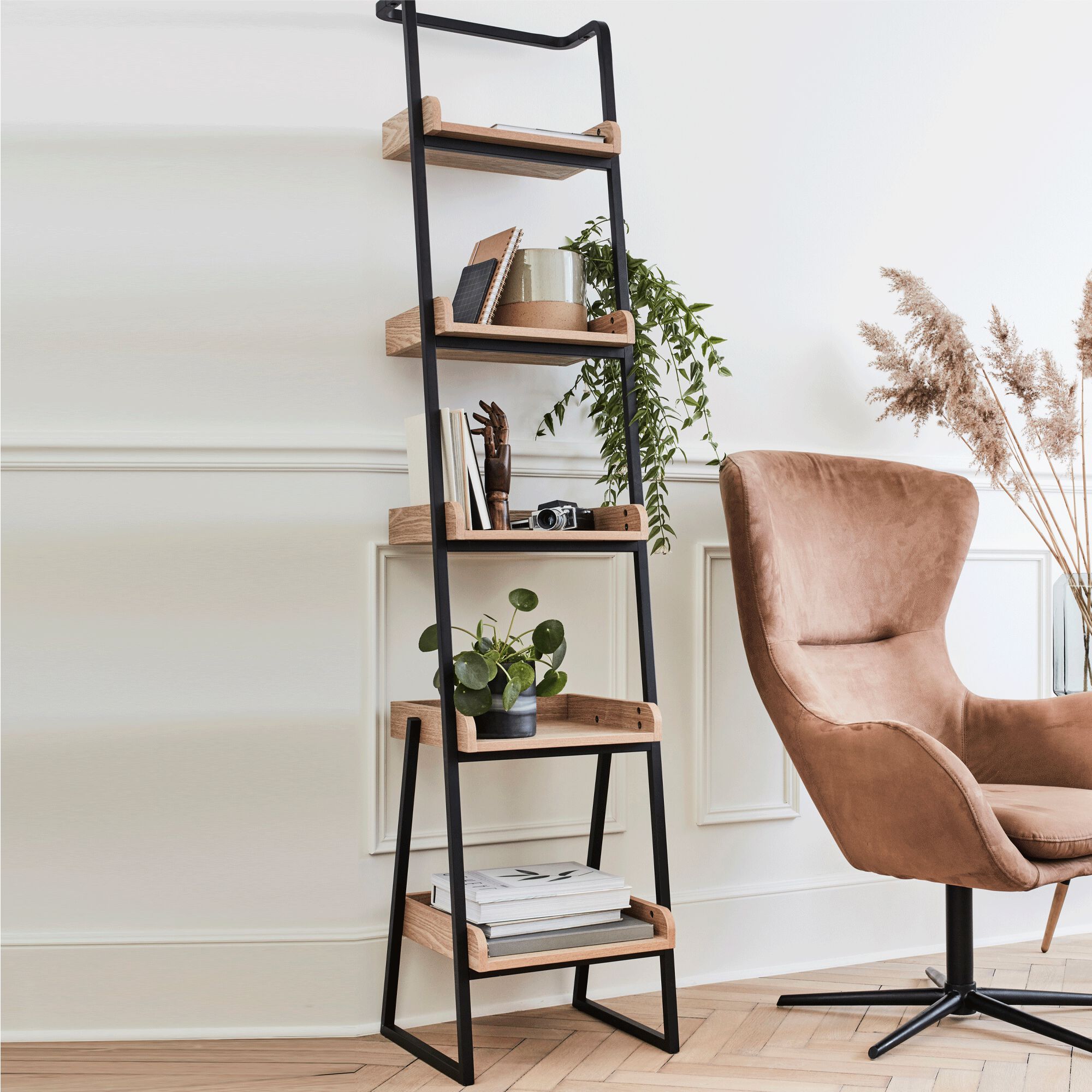 ESTANIER - Étagère 5 tablettes plaquée frêne et métal noir L40cm - bois clair