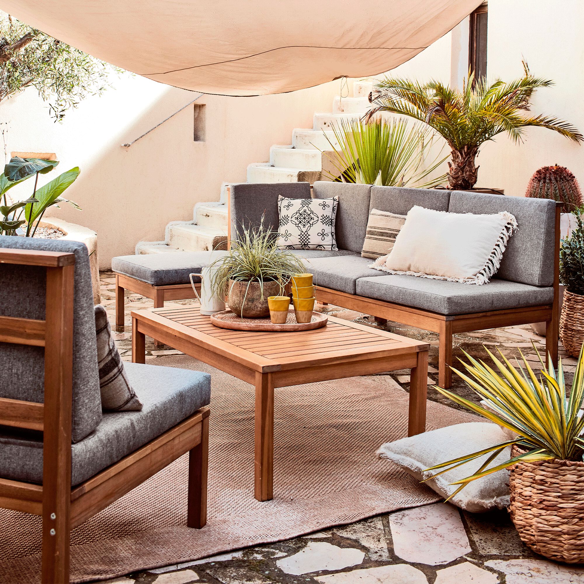 ISSANBRES - Banquette de jardin en acacia et coussin - gris (2 places)