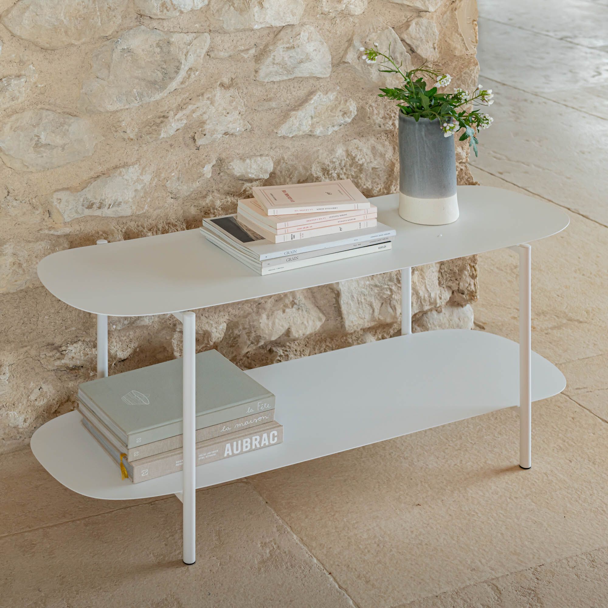 CAROUBE - Bibliothèque 2 tablettes en acier - blanc L100,50xH46cm