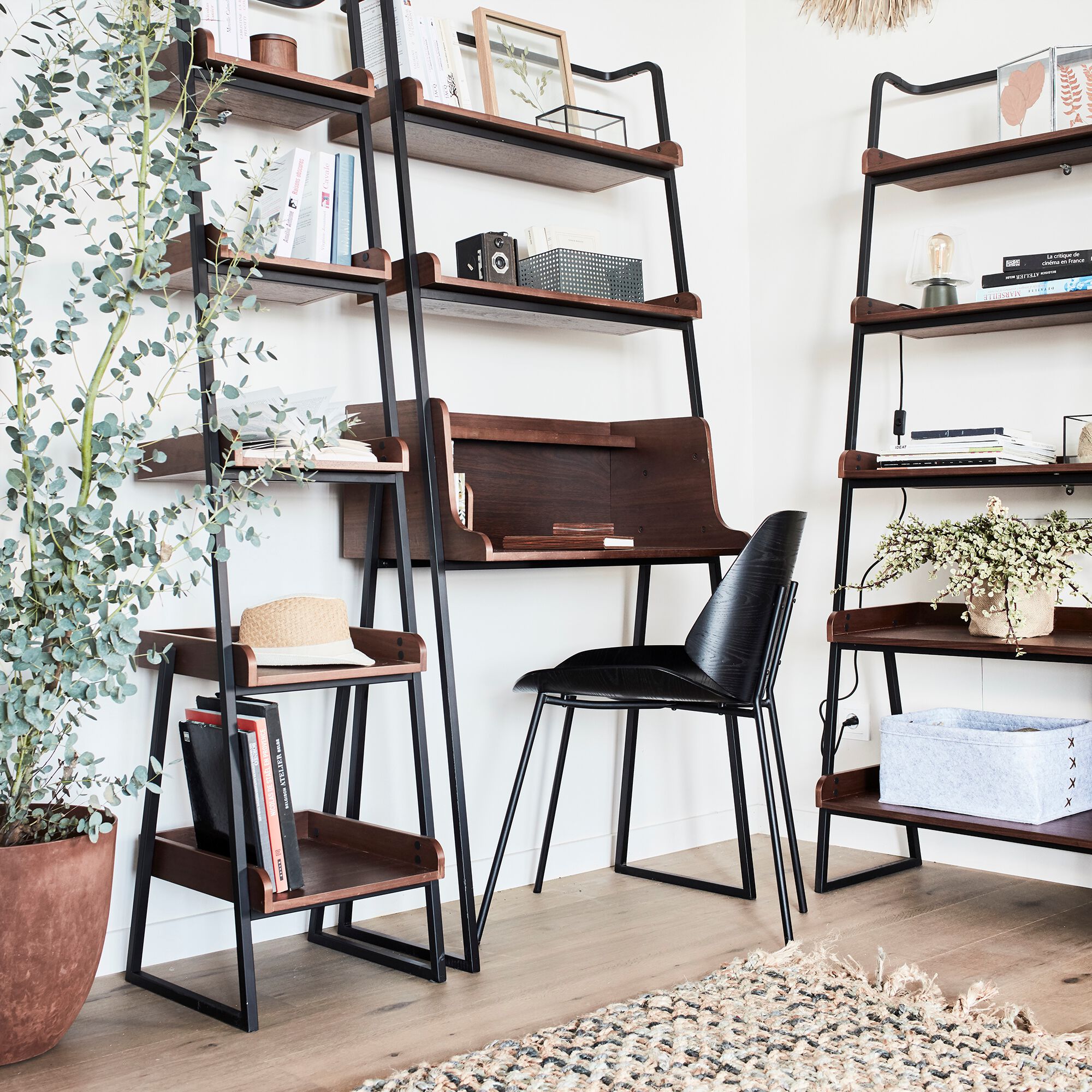 ESTANIER - Etagère 5 tablettes plaquée noyer et métal noir L40cm - bois foncé