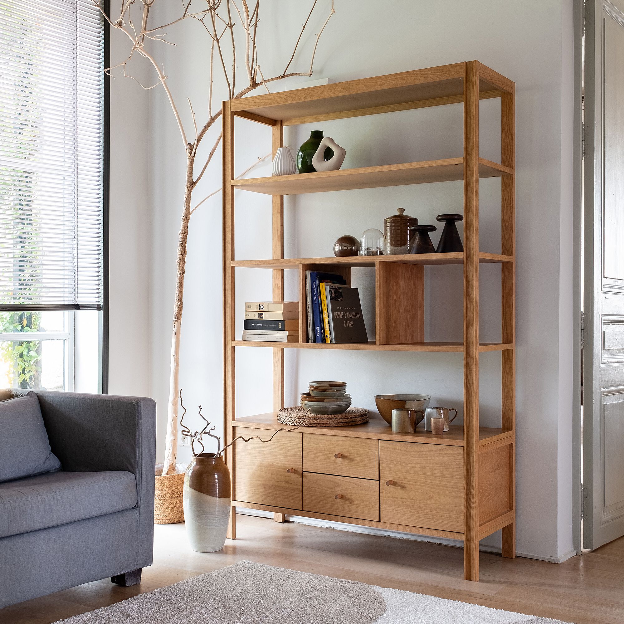 EZE - Bibliothèque en chêne avec 2 tiroirs et 2 placards - bois clair