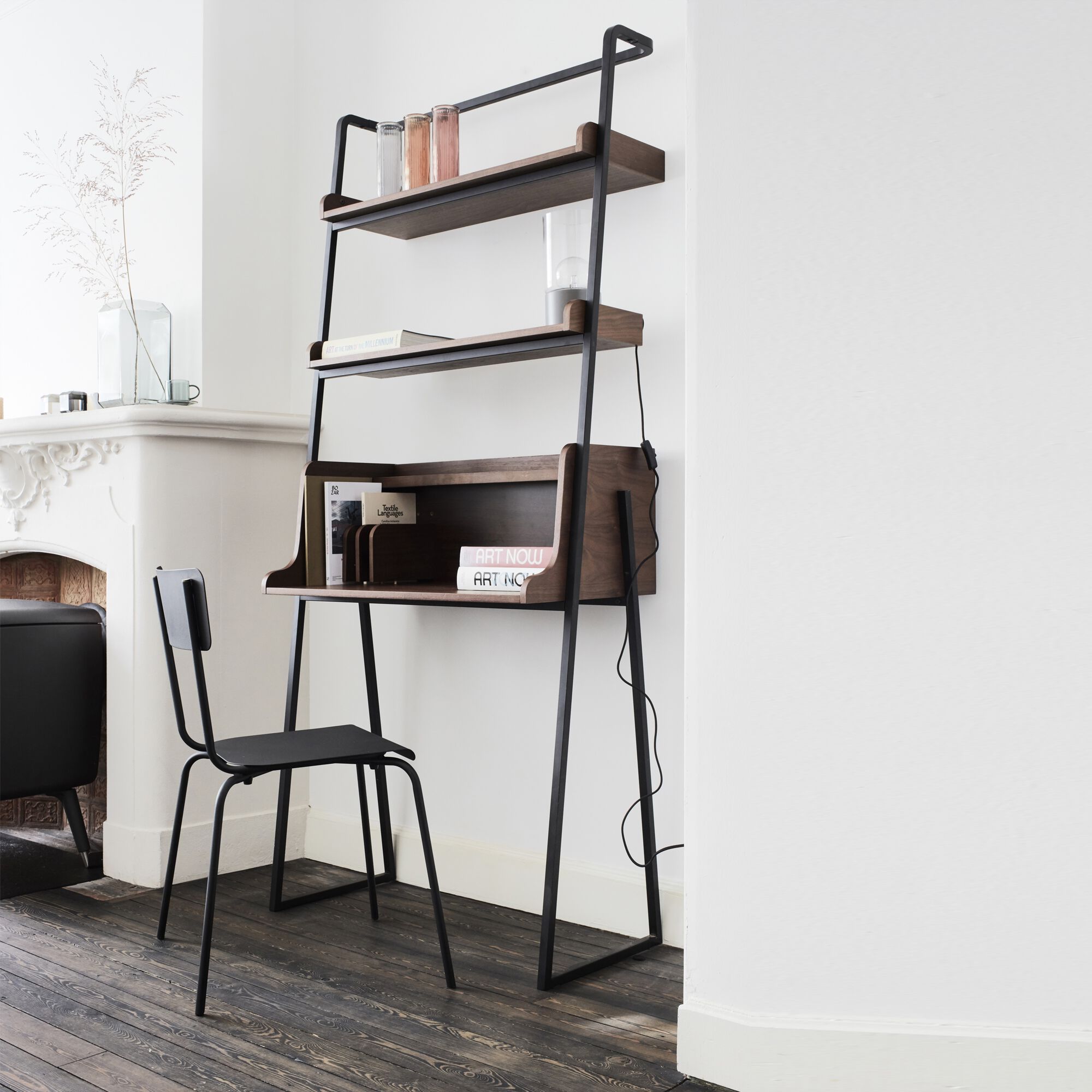 ESTANIER - Bureau plaqué noyer et métal noir avec 2 tablettes L80cm - bois foncé