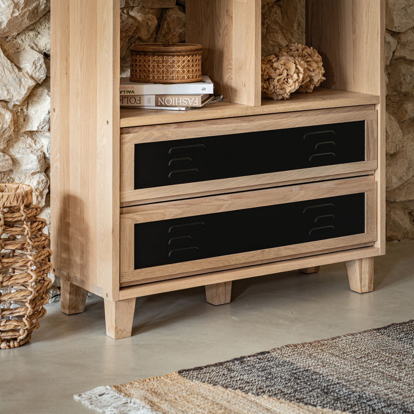 TASSIA - Bloc de 2 grands tiroirs en placage chêne et acier L82cm - noir