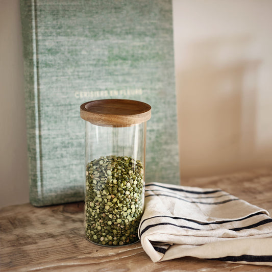 RONDA - Bocal en verre avec couvercle en acacia 1L - transparent