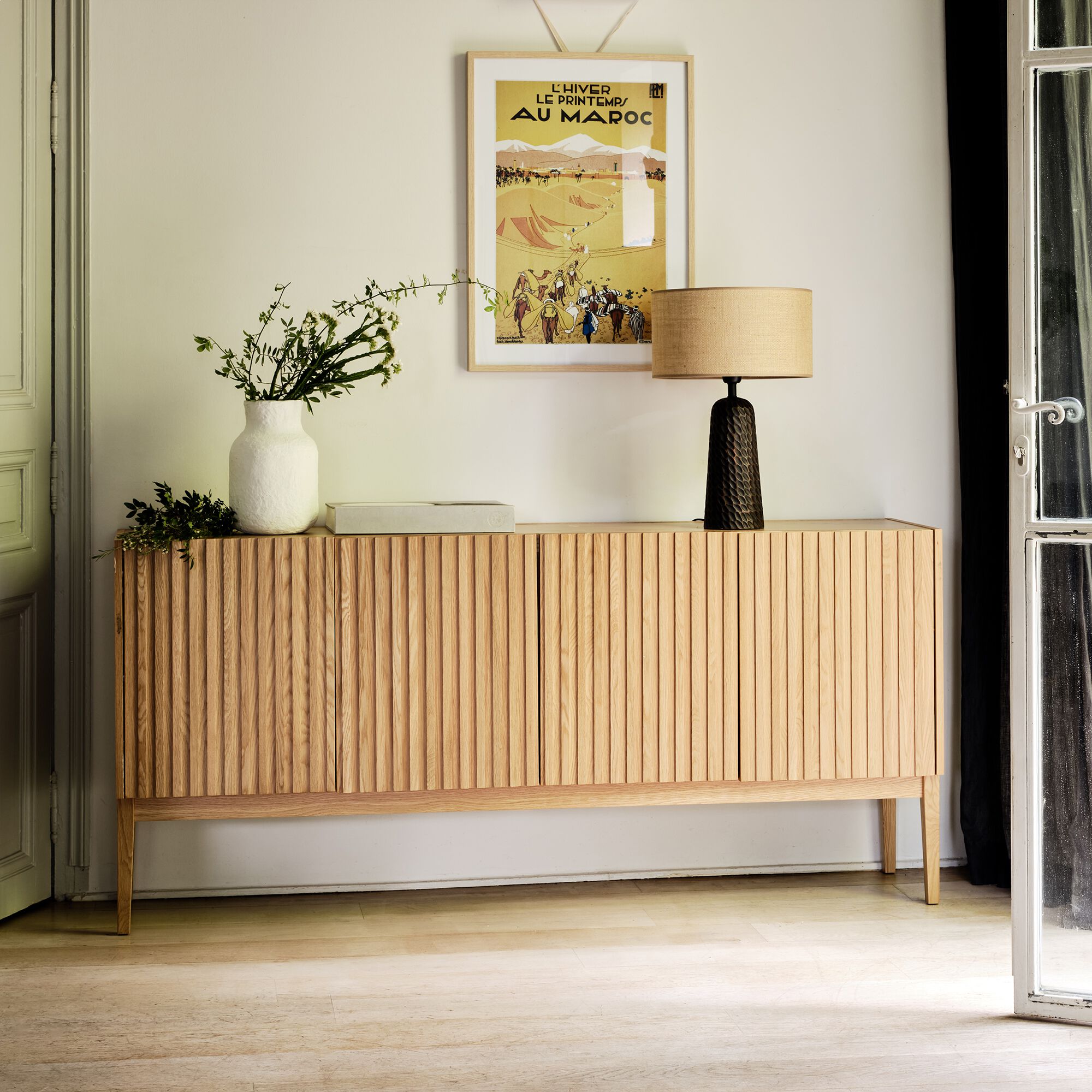 FEVE - Buffet naturel 4 portes en plaqué chêne - bois clair