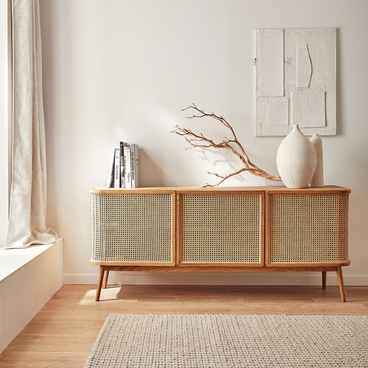 NORI - Buffet cannage 3 portes en bois - bois clair