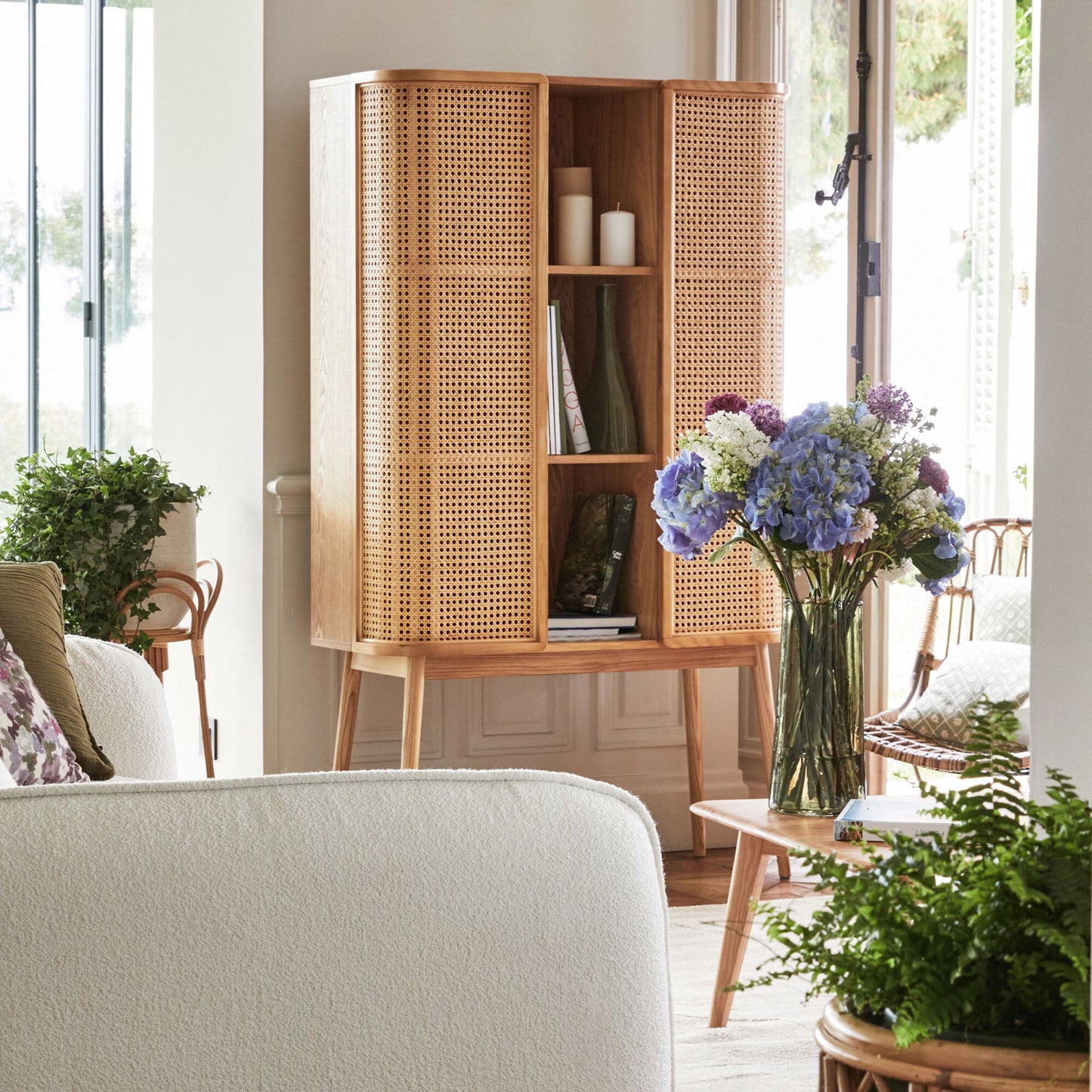 NORI - Buffet haut en bois et cannage H157cm - bois clair