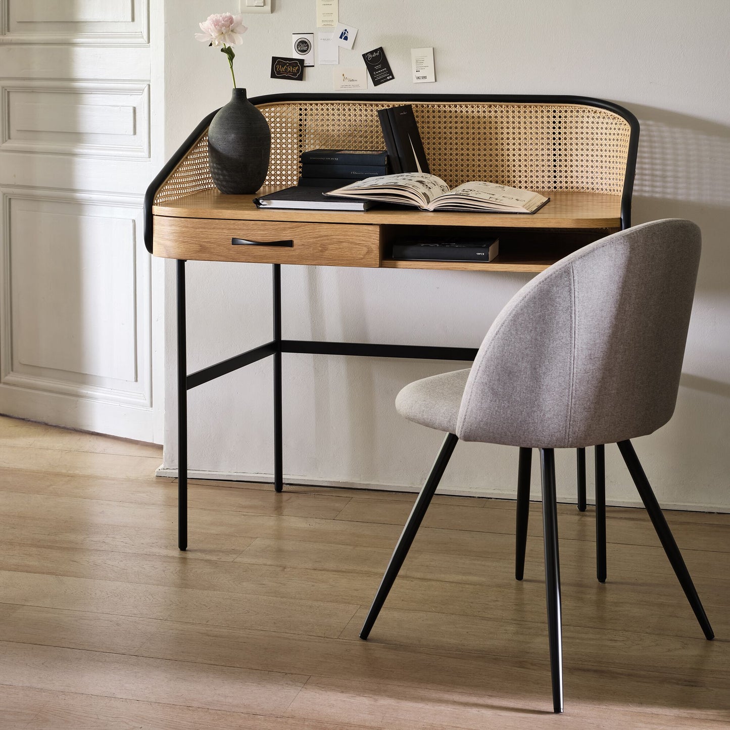 NORI - Bureau avec rangement en bois et rotin - bois clair L105xl59XH96cm