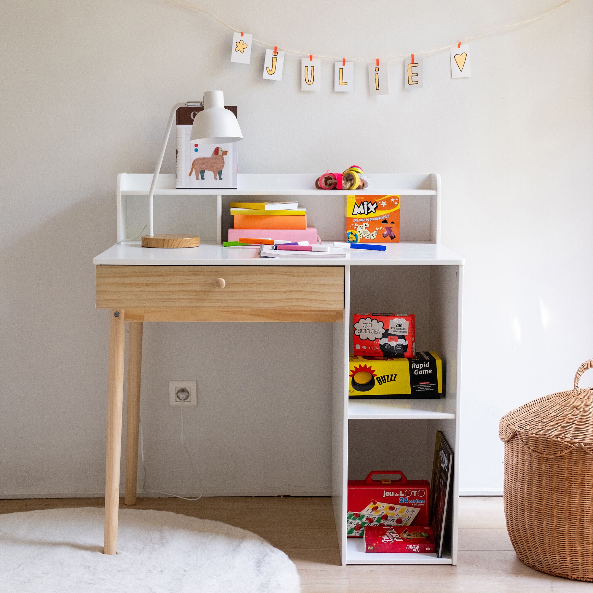 DIEGO - Bureau enfant avec rangement en bois - blanc