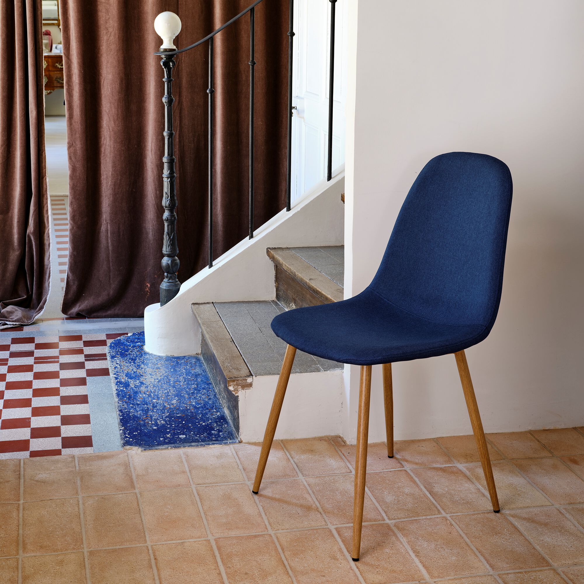 LOANA - Chaise en acier effet bois et tissu - bleu figuerolles