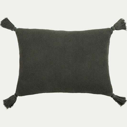 BAHIA - Coussin à pompons tricoté en coton 35x50cm - vert cèdre