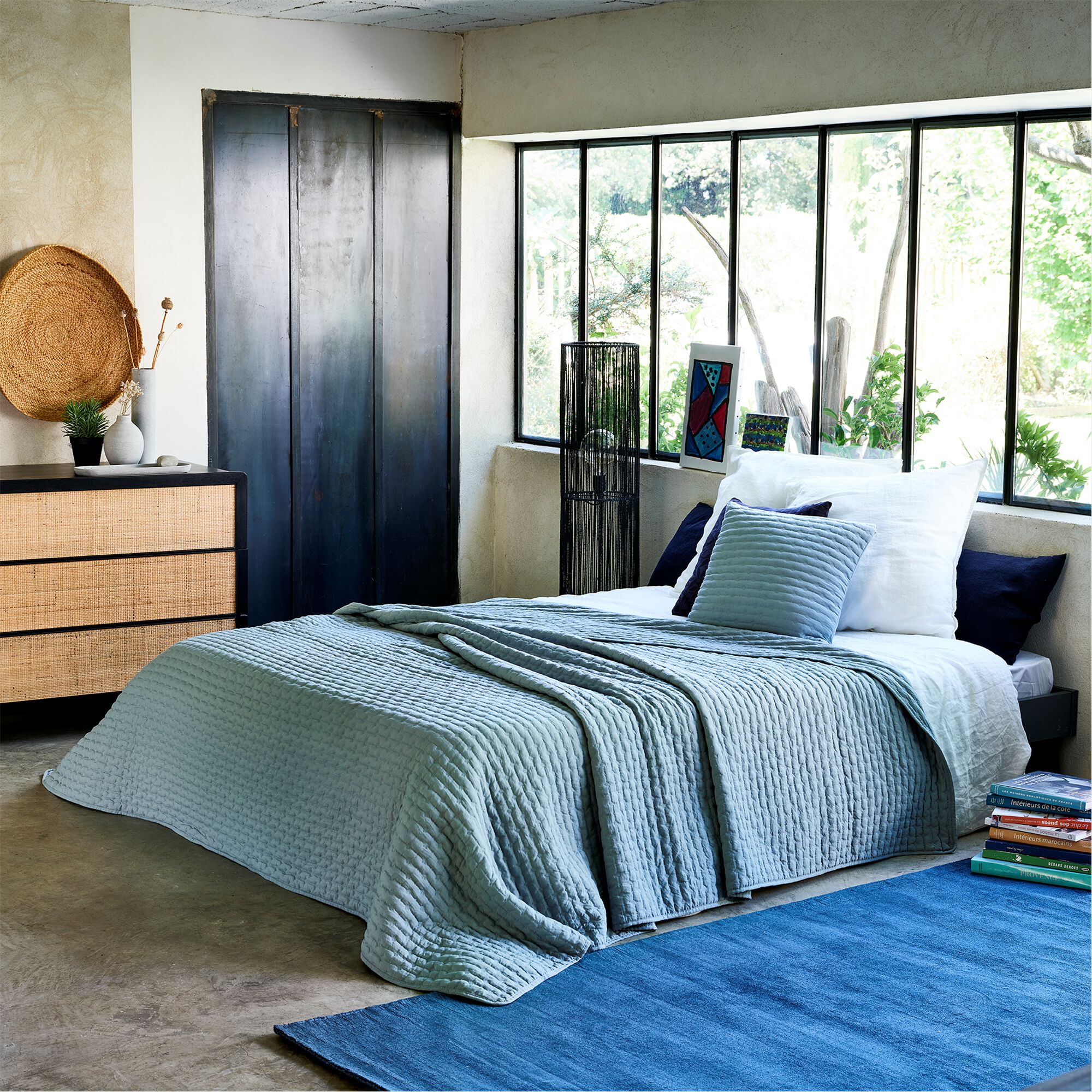 BENITO - Couvre-lit en tissu surpiqué 180x230cm - bleu calaluna
