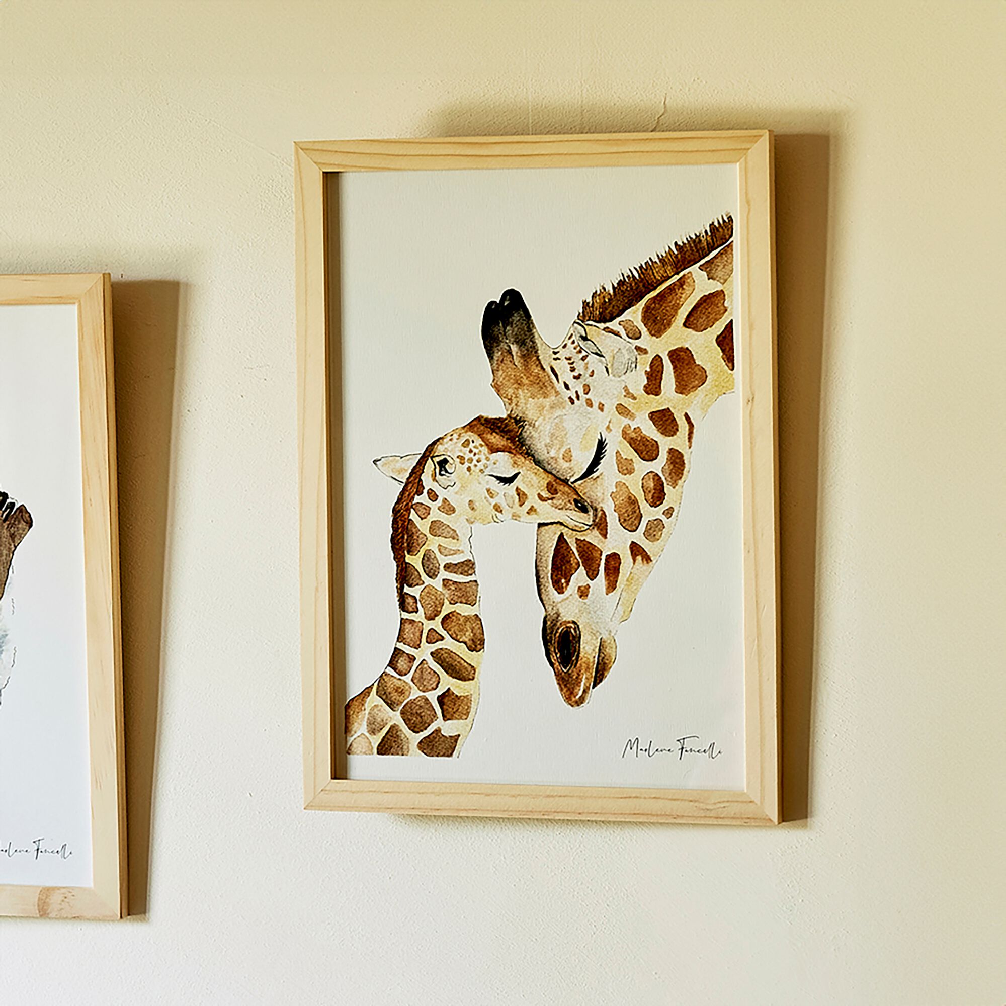 FAMILLE GIRAFE - Image aquarelle encadrée famille de girafes - A4