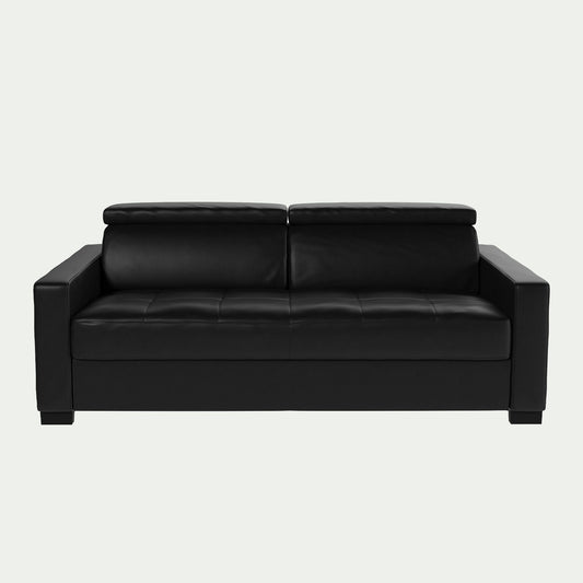 MAURO - Canapé 3 places convertible matelas Bultex en cuir avec accoudoirs 15cm - noir