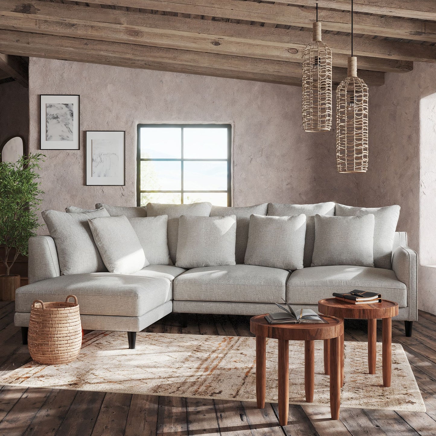 LENITA - Canapé d'angle gauche convertible en tissu joint - gris borie