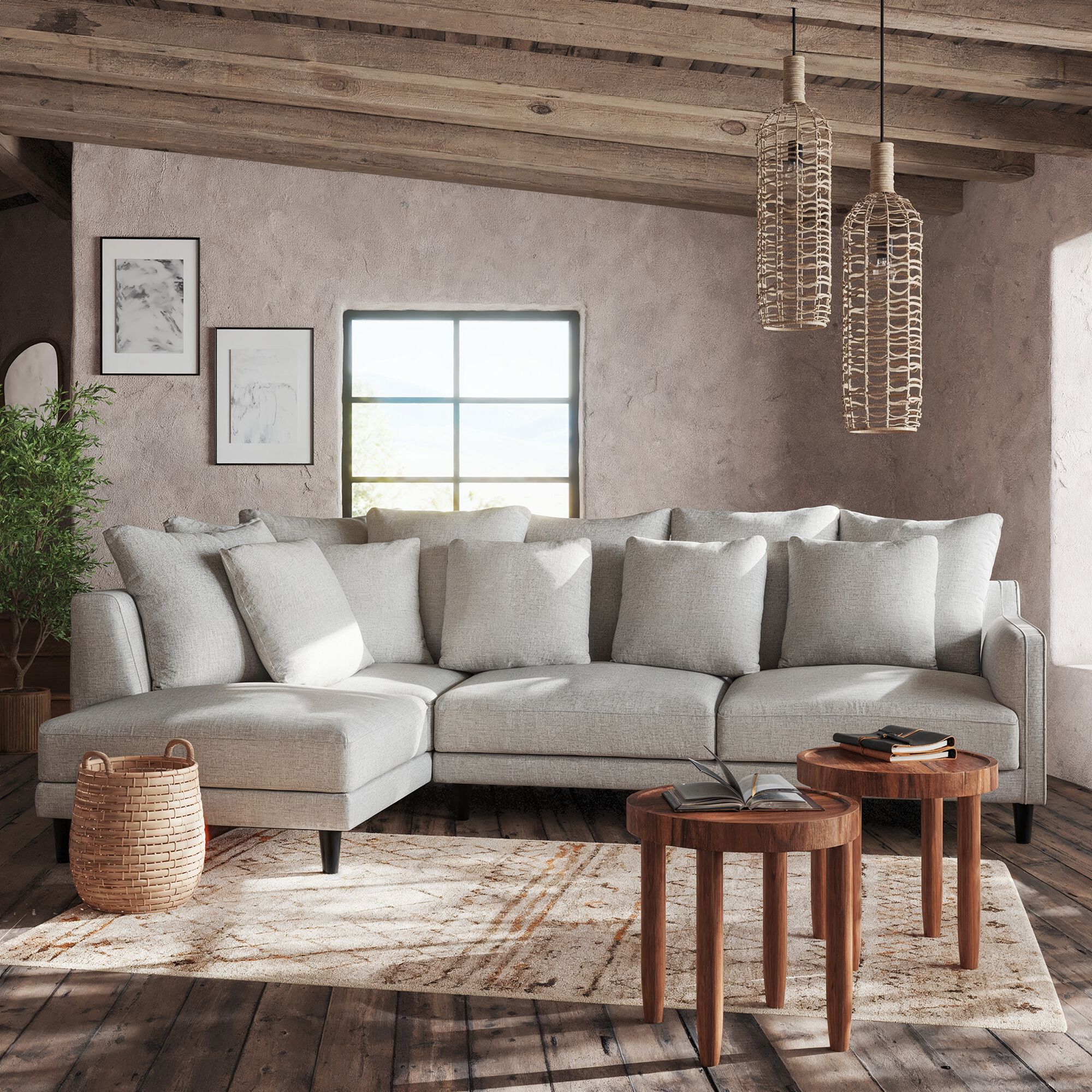 LENITA - Canapé d'angle gauche convertible en tissu joint - gris borie