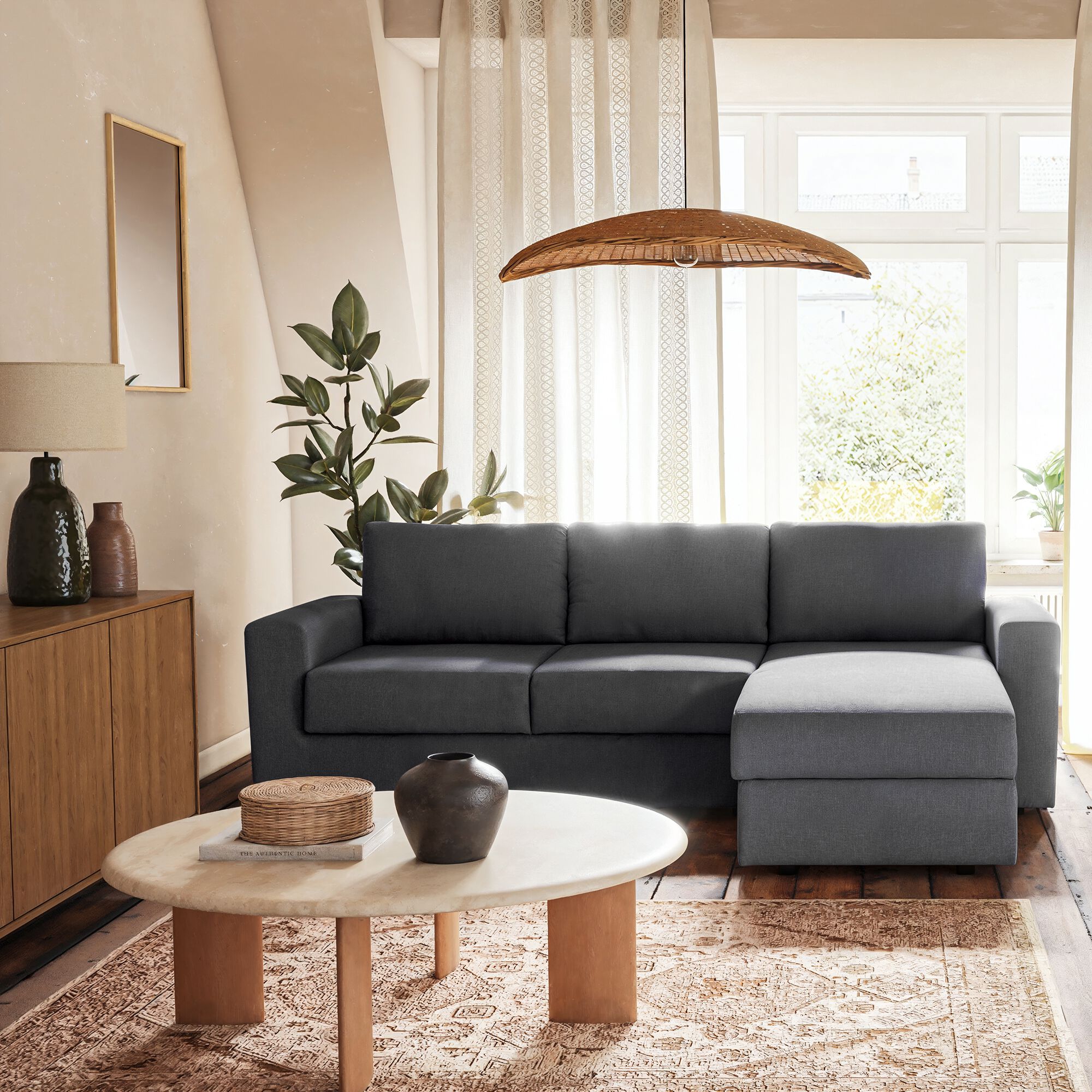 HONORE - Canapé d'angle réversible convertible en tissu tramé - gris restanque