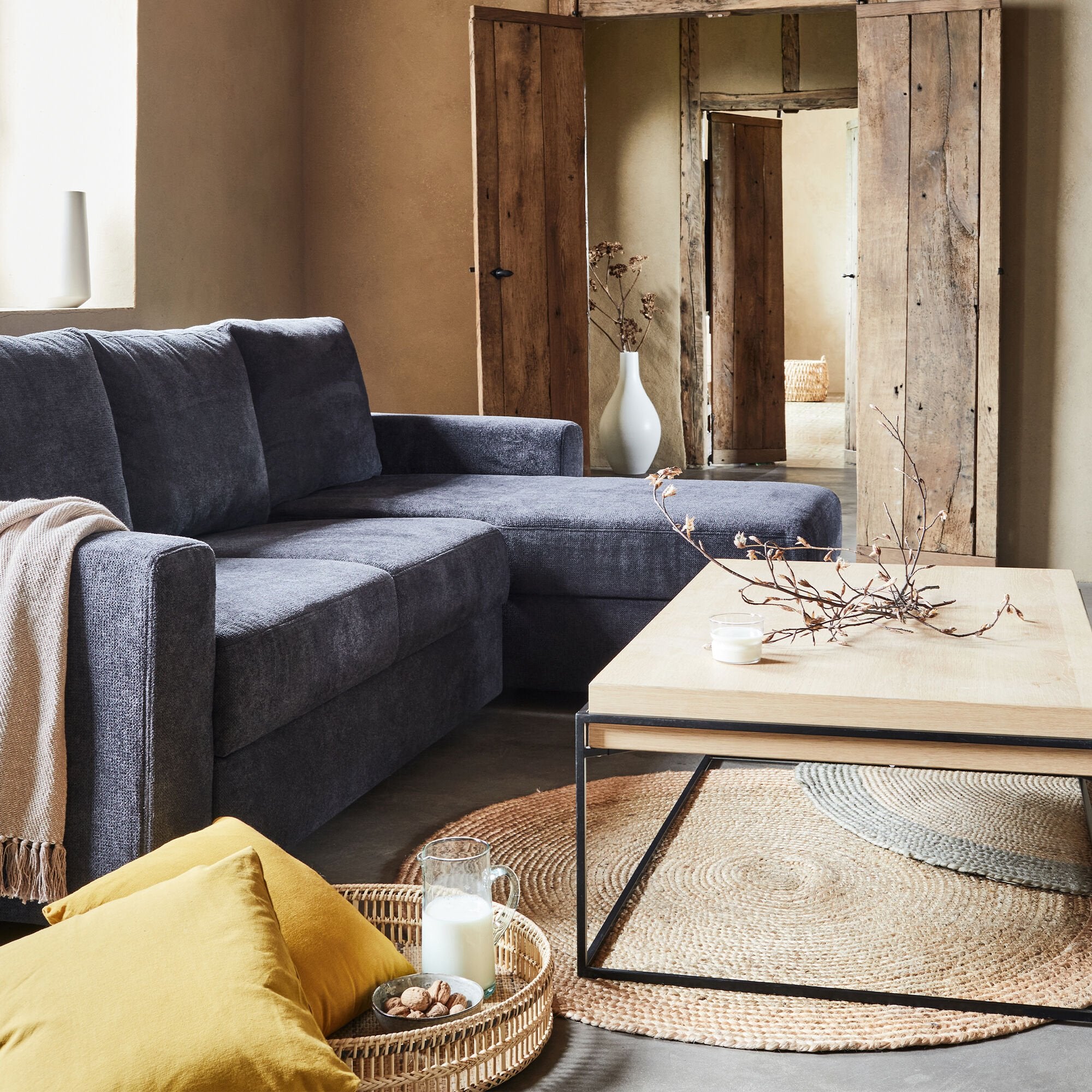 HONORE - Canapé d'angle réversible convertible en tissu tramé - bleu calabrun