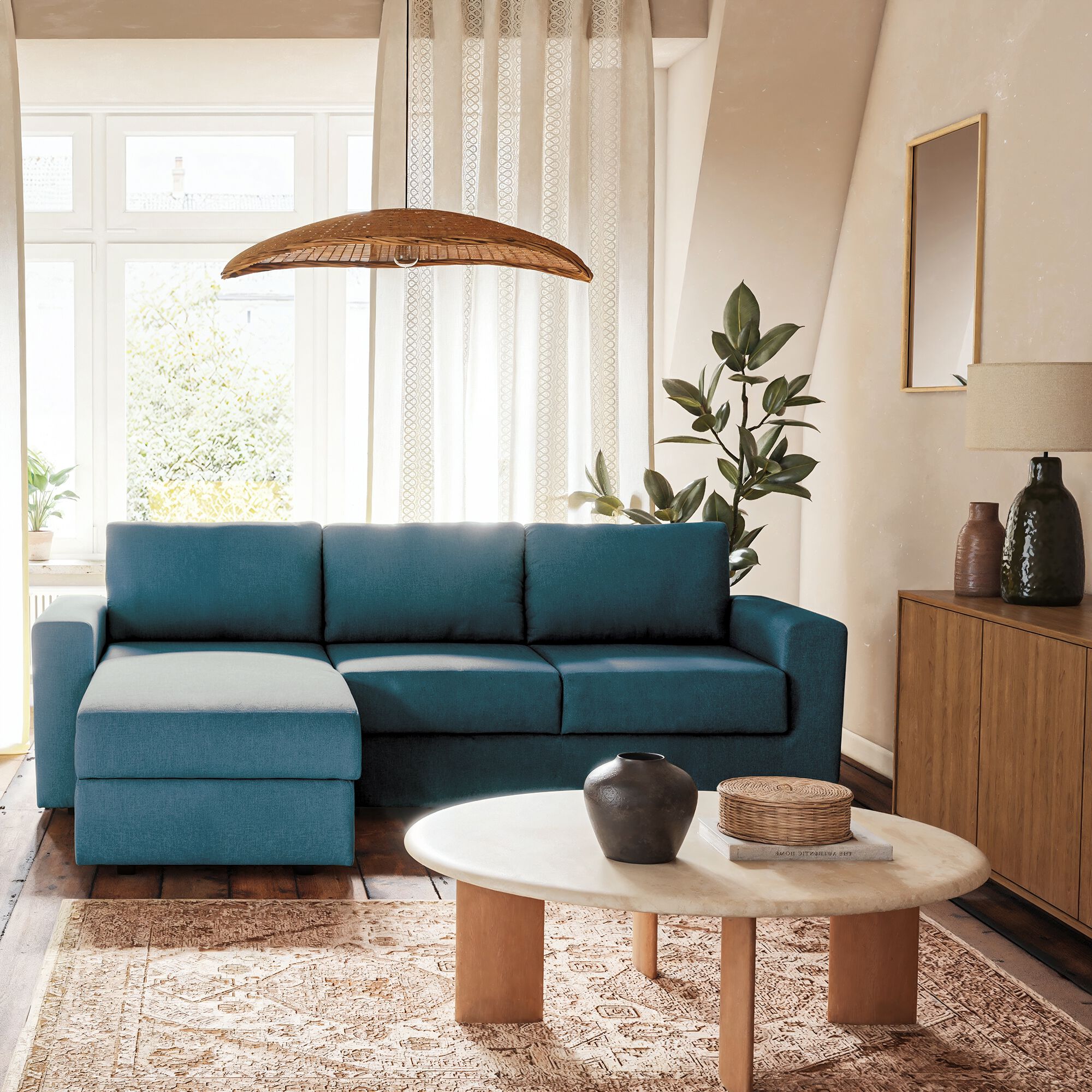 HONORE - Canapé d'angle réversible convertible en tissu tramé - bleu figuerolles