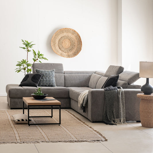 ORIGANO - Canapé d'angle gauche convertible avec coffre en tissu doux - gris