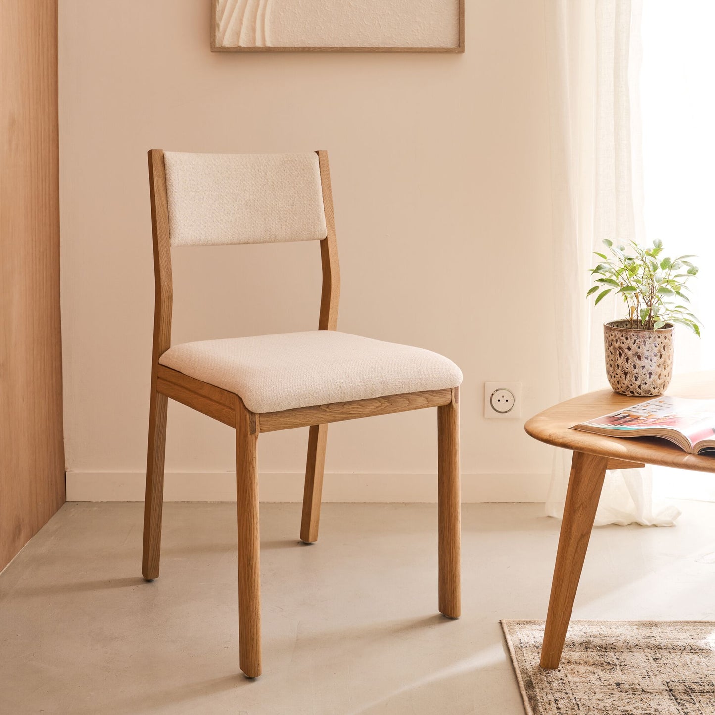 BUN - Chaise de repas en chêne massif et tissu - blanc écru