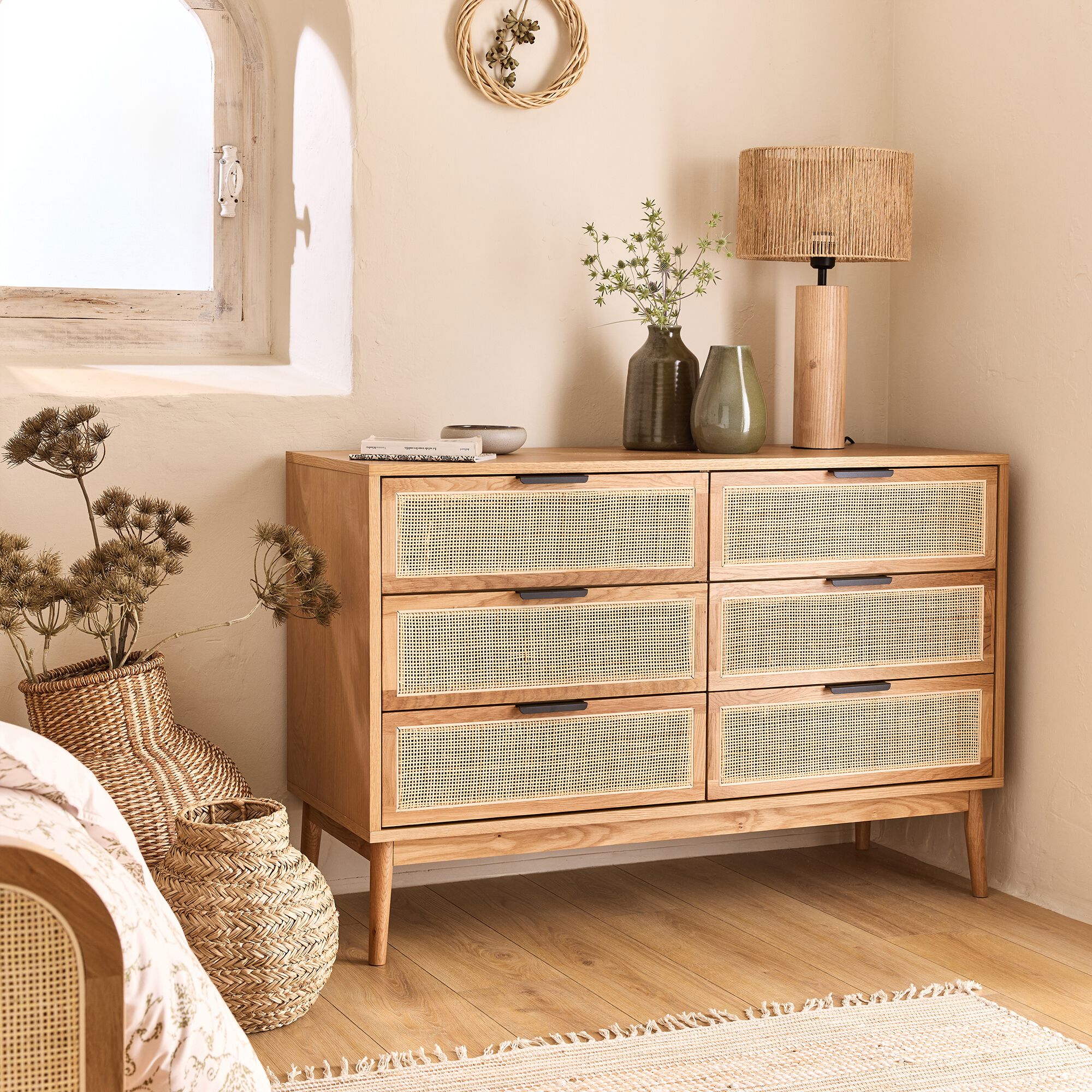 CALLISTA - Commode 6 tiroirs en bois et cannage - bois clair
