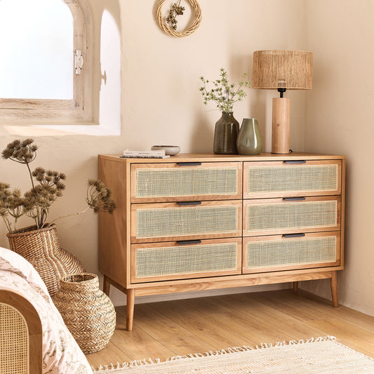 CALLISTA - Commode 6 tiroirs en bois et cannage - bois clair