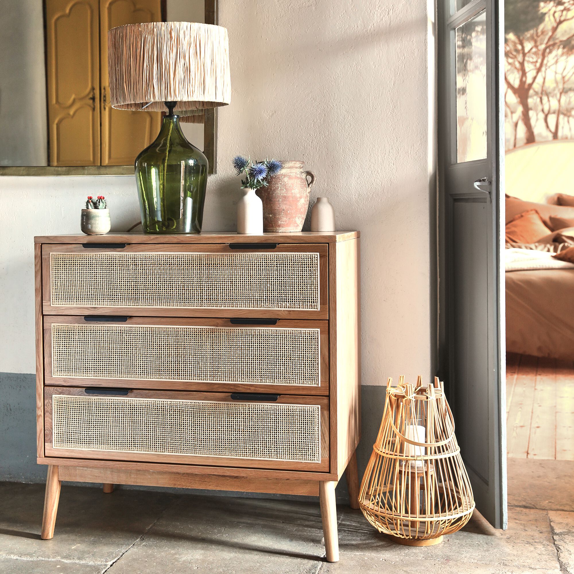 CALLISTA - Commode 3 tiroirs en bois et cannage - bois clair