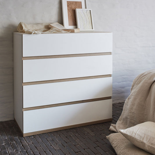 NESTOR - Commode module 4 tiroirs en bois effet chêne H94XL94cm - blanc