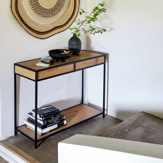 DANANG - Console 2 tiroirs en métal et effet chêne - bois foncé L100xP35xH79cm