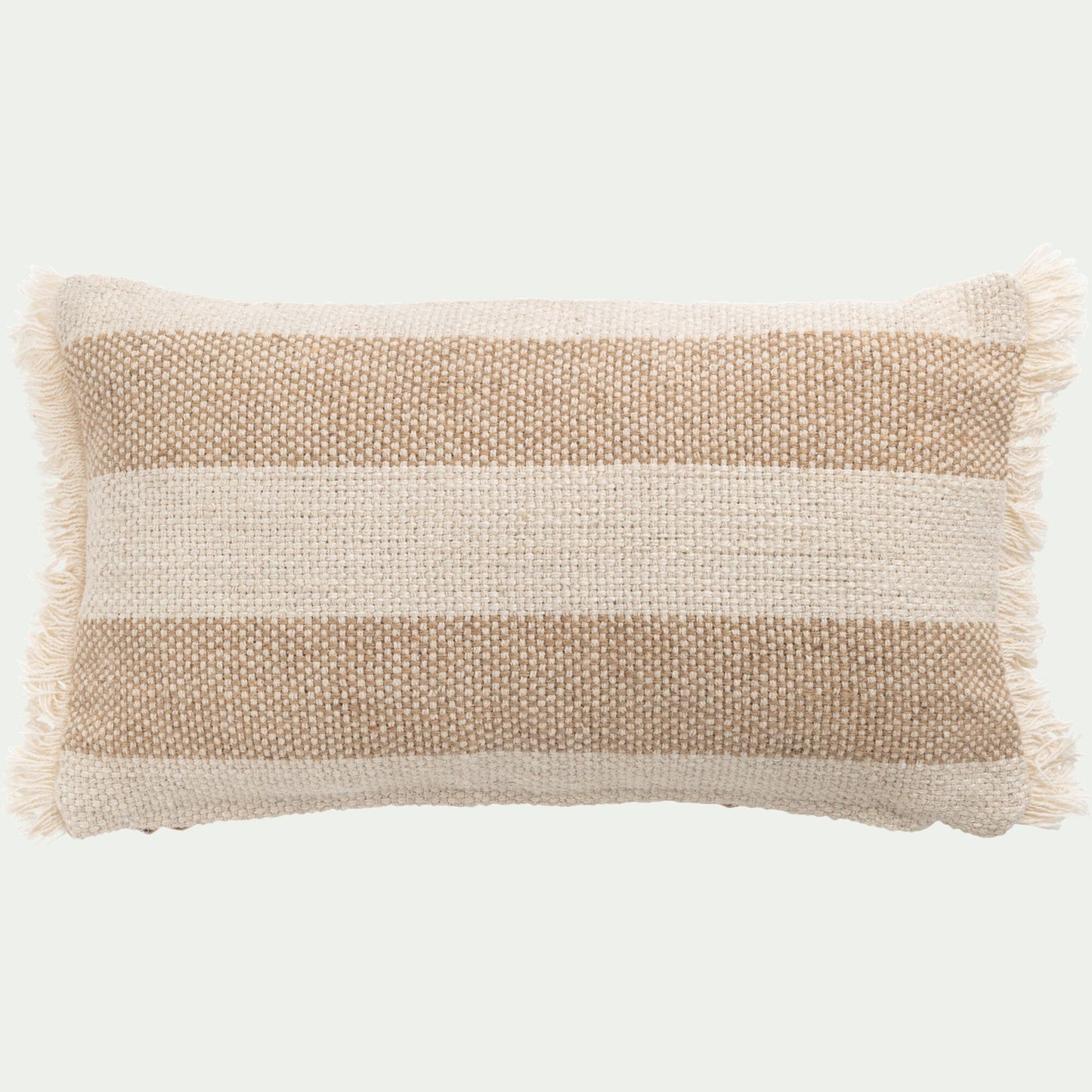 AULAN - Coussin en coton et jute à rayures finition franges 30x50cm - blanc