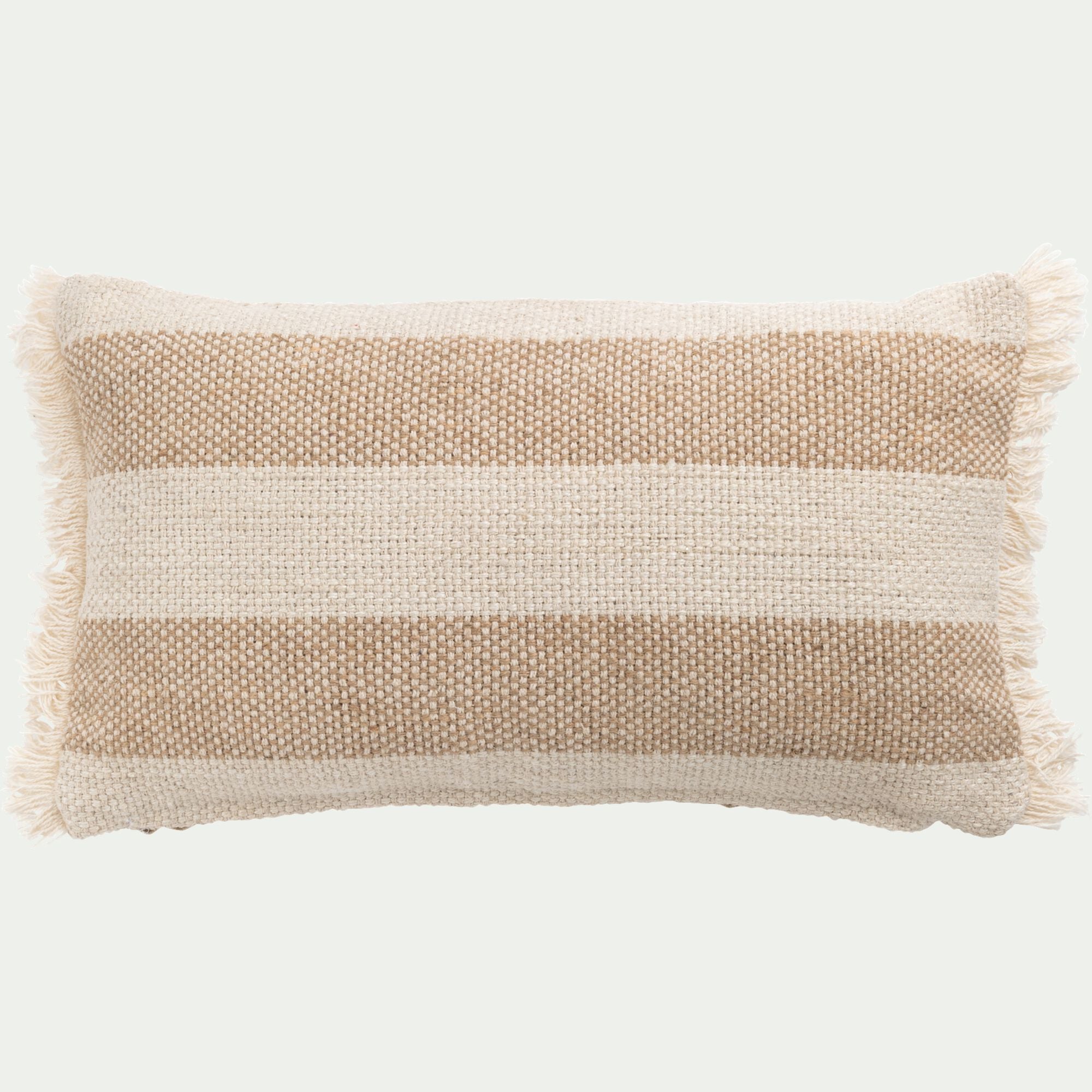 AULAN - Coussin en coton et jute à rayures finition franges 30x50cm - blanc