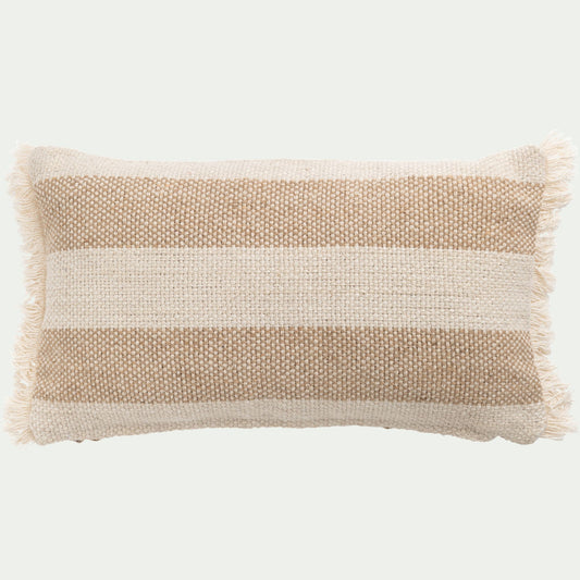 AULAN - Coussin en coton et jute à rayures finition franges 30x50cm - blanc